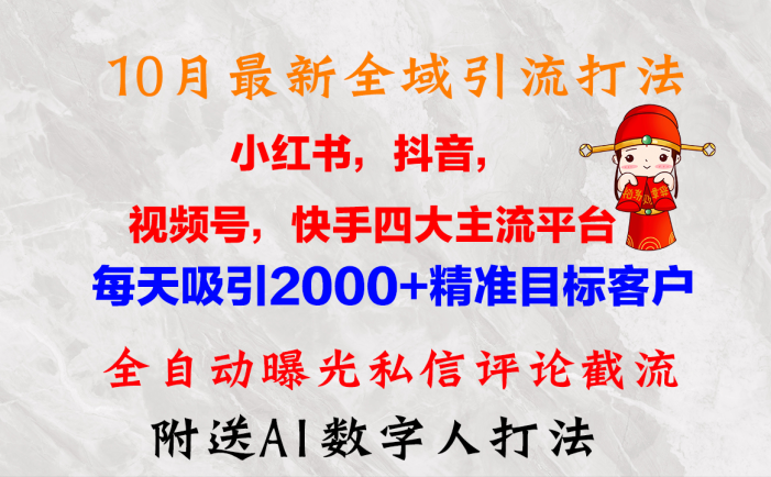 10月最新小红书，抖音，视频号，快手四大平台全域引流，，每天吸引2000…