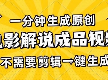 一分钟生成原创电影解说成品视频，不需要剪辑一键生成，日入3000+